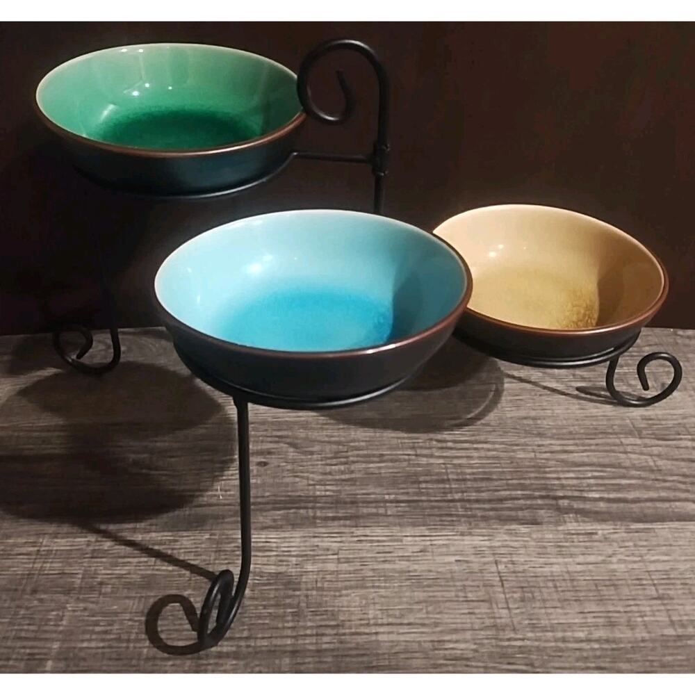 Pier 1 Crackle Bottom Blue Green Yellow Bowls Stoneware Ramekin Dip Set Stand